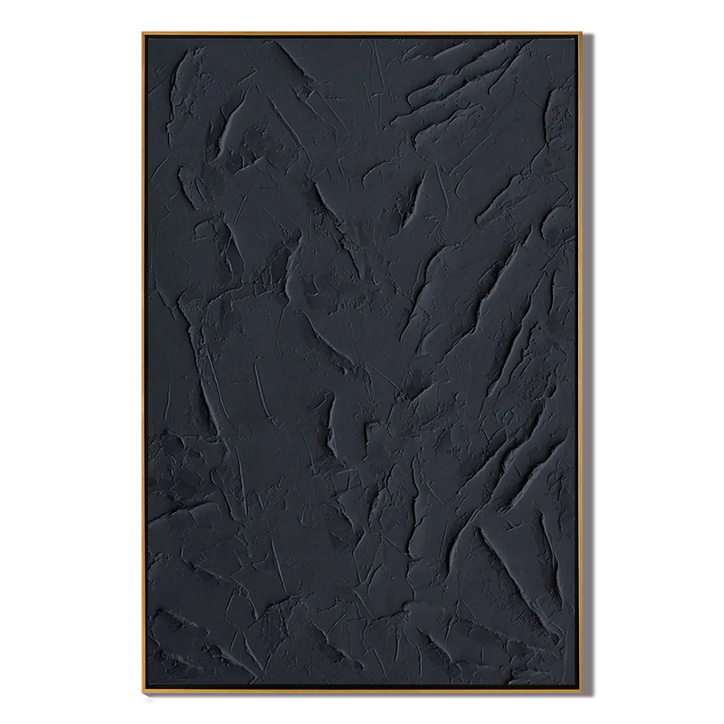 Onyx Silence – Minimalist Deep Black Abstract Plaster Relief Painting | Minimalist Sculpted Plaster Studio Art
