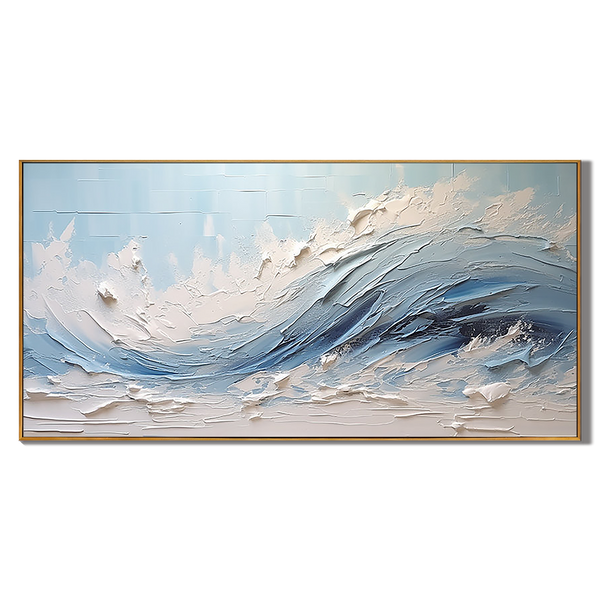 Sky Tide – Hand-Painted Sky Blue Ocean Wave Plaster Relief Seascape Painting | Coastal Modern Living Room & Bedroom Art