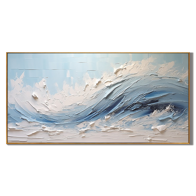 Sky Tide – Hand-Painted Sky Blue Ocean Wave Plaster Relief Seascape Painting | Coastal Modern Living Room & Bedroom Art