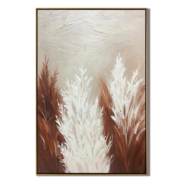 Pampas Whisper – Hand-Painted Minimalist Pampas Grass 3D Plaster Effect Floral Painting | Contemporary Botanical Bedroom & Living Room Art