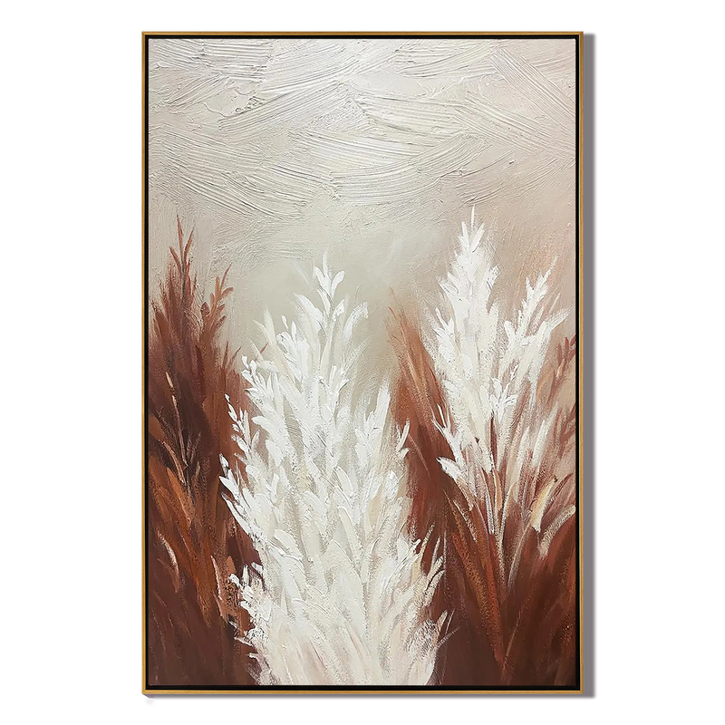 Pampas Whisper – Hand-Painted Minimalist Pampas Grass 3D Plaster Effect Floral Painting | Contemporary Botanical Bedroom & Living Room Art