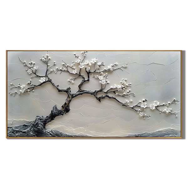 Winter Blossom – Luxury High-Relief Stark Black and White Painting | Panoramic Botanical Living Room Art