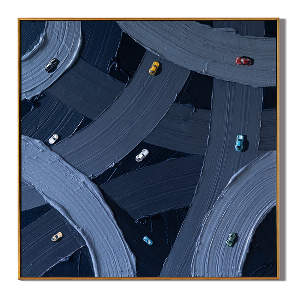 Urban Pulse – Impasto Highway Miniature Car Abstract Canvas | Modern Industrial Office Wall Art