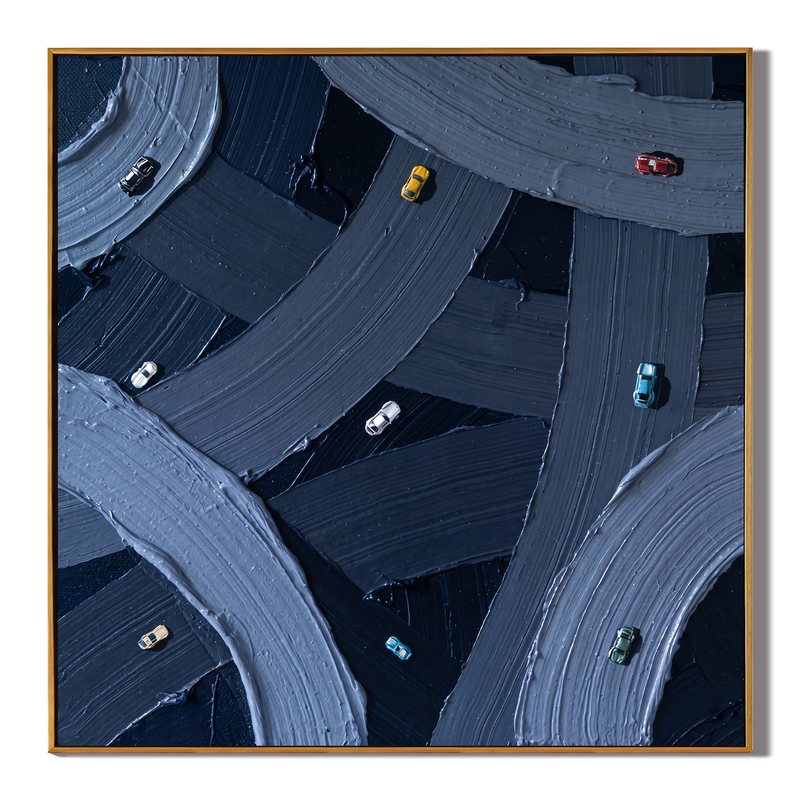 Urban Pulse – Impasto Highway Miniature Car Abstract Canvas | Modern Industrial Office Wall Art