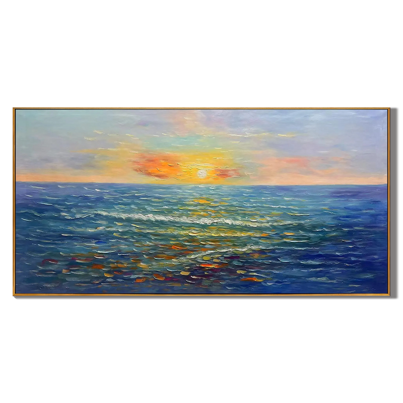 Ocean Reflection – Hand-Painted Deep Blue Sea Sunset 3D Heavy Texture Palette Knife Texture Painting | Coastal Modern Living Room & Bedroom Art