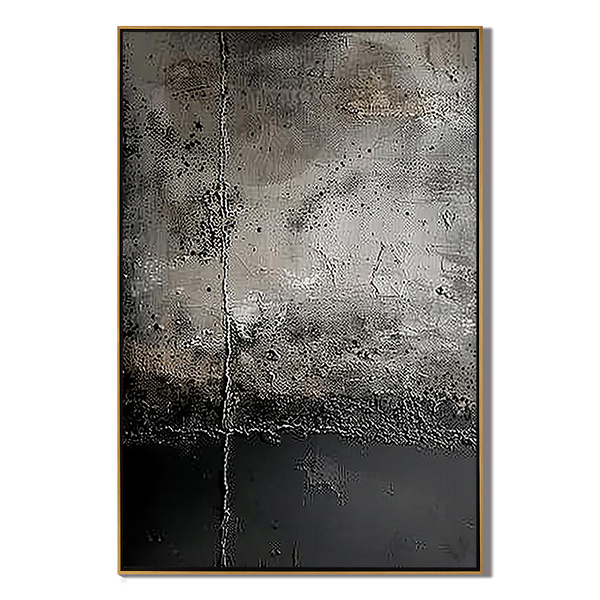 Urban Fossil – Hand-Painted Distressed Charcoal Grey Plaster Effect Relief Modern Wabi-Sabi Painting | Modern Noir Wabi-Sabi Living Room & Home Office Art