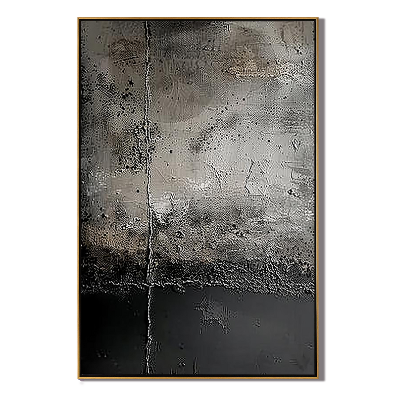 Urban Fossil – Hand-Painted Distressed Charcoal Grey Plaster Effect Relief Modern Wabi-Sabi Painting | Modern Noir Wabi-Sabi Living Room & Home Office Art