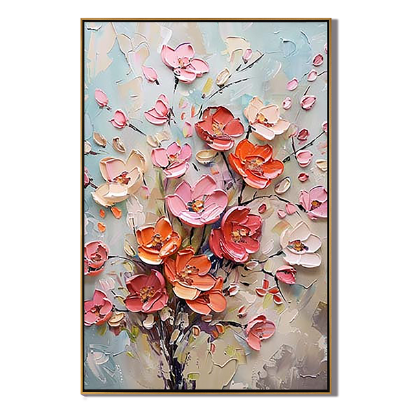 Coral Radiance – Hand-Painted Pink and Orange 3D Relief Plaster Effect Floral Painting | Heavy Texture Gallery Art