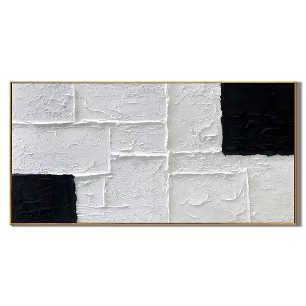 Mono Block – Black and White Geometric Relief Texture Painting | Industrial Abstract Home Office & Living Room Art