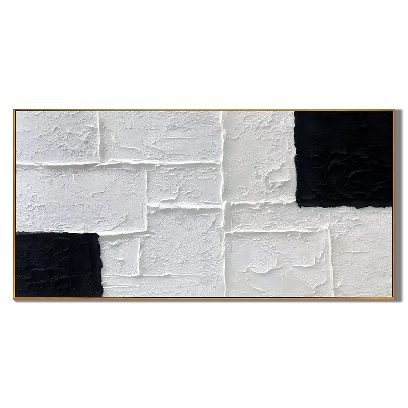 Mono Block – Black and White Geometric Relief Texture Painting | Industrial Abstract Home Office & Living Room Art