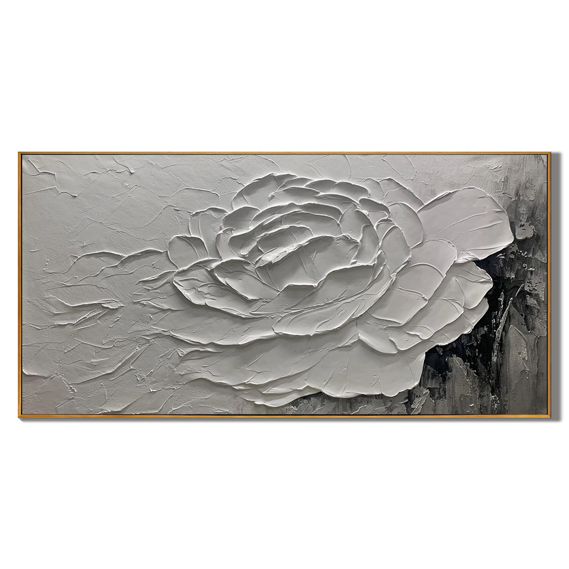 Sculpted Bloom – Hand-Painted Grey and White 3D Relief Plaster Effect Floral Painting | Contemporary Botanical Bedroom & Living Room Art
