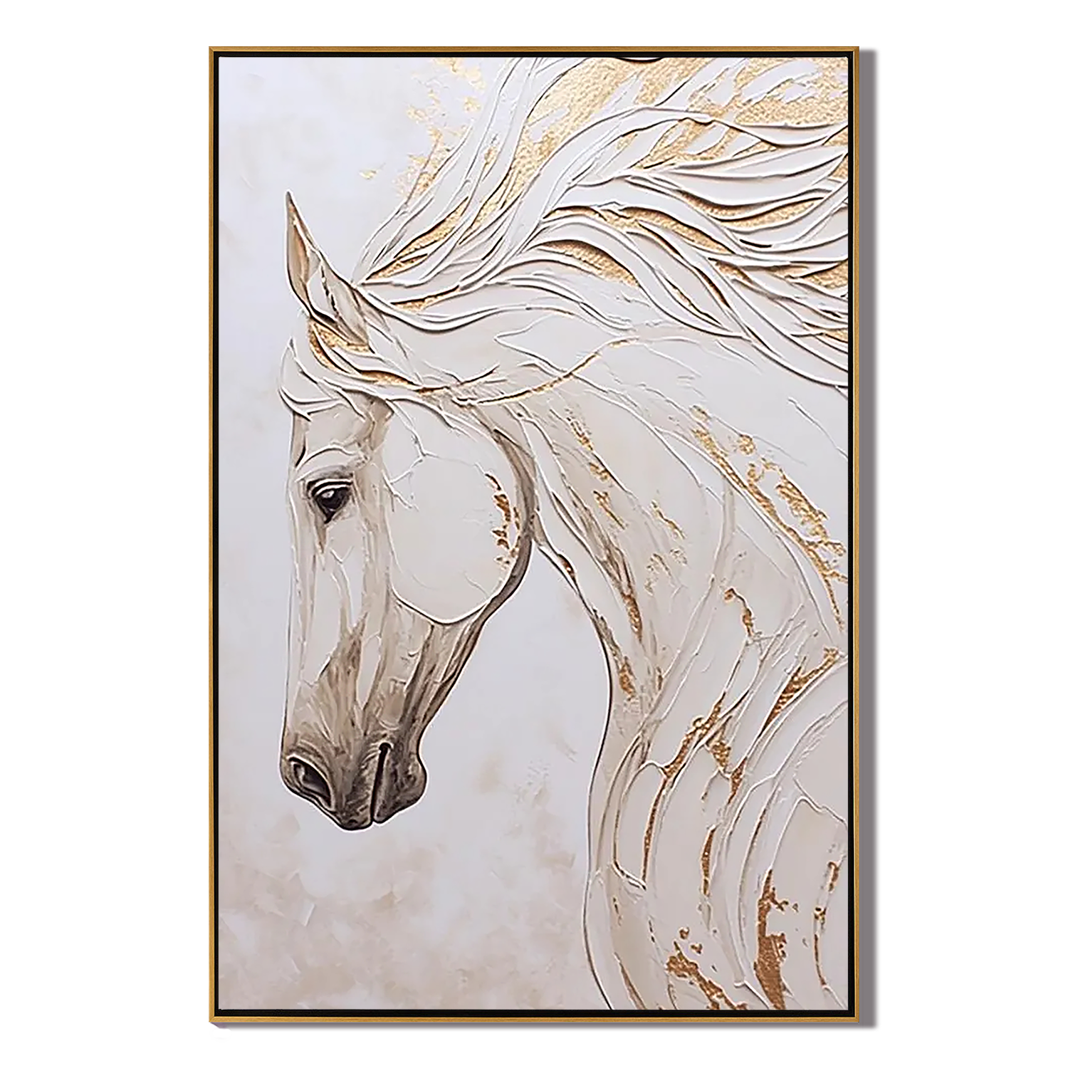 White Elegance – Modern Minimalist White Horse Sculptural Impasto Painting | Luxury Living Room Art