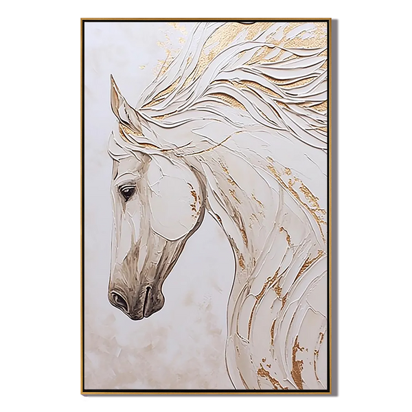 White Elegance – Modern Minimalist White Horse Sculptural Impasto Painting | Luxury Living Room Art