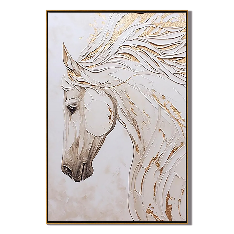 White Elegance – Modern Minimalist White Horse Sculptural Impasto Painting | Luxury Living Room Art