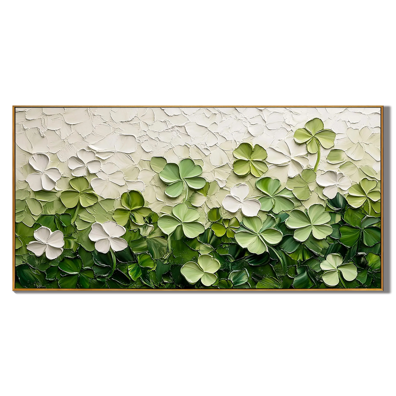 Lucky Meadow – Hand-Painted Green Clover Field Palette Knife Layered Floral Painting | Tropical Botanical Bedroom & Dining Room Art