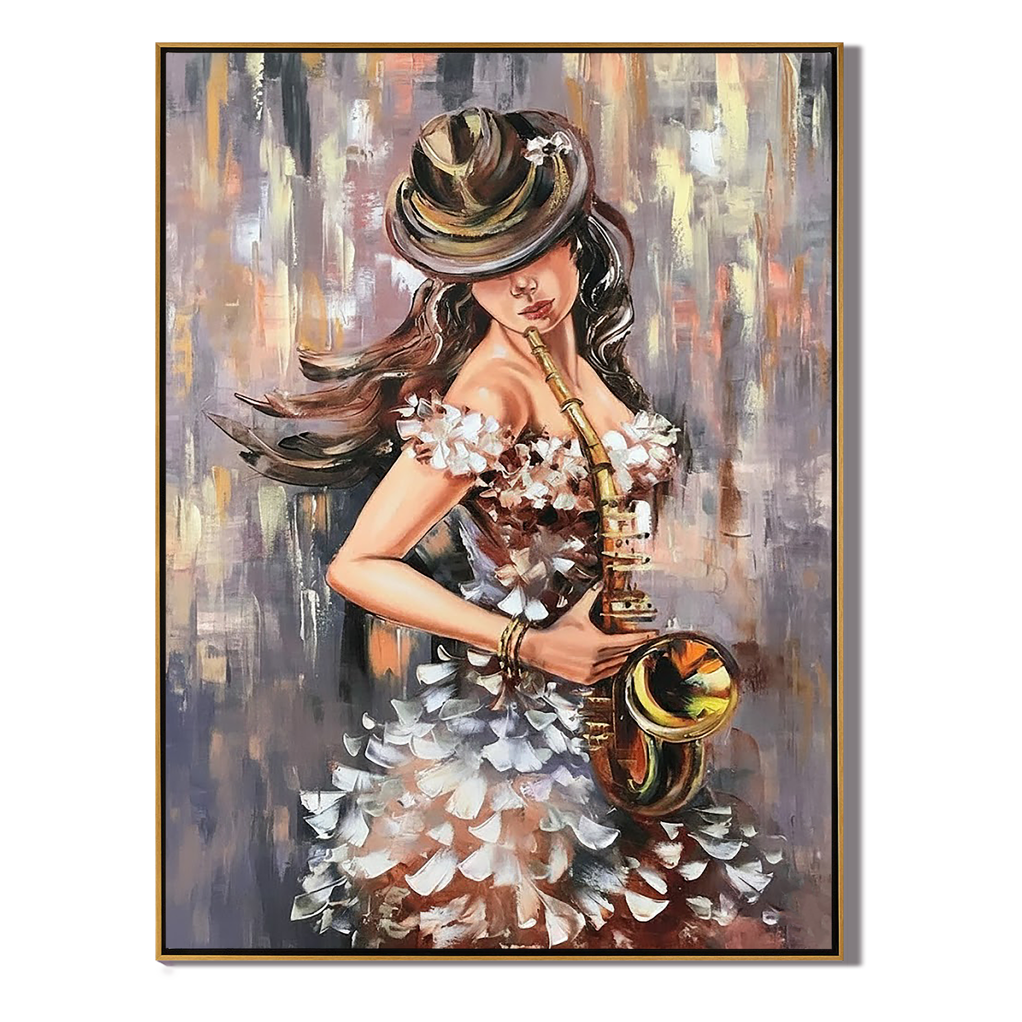 JAZZ RHYTHM: Palette Knife Portrait Oil Painting, Stylish Lady with Saxophone Wall Art