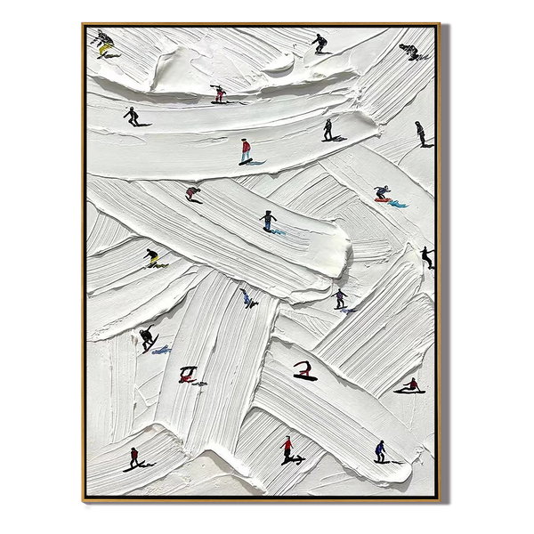 Winter Crossing – Hand-Painted Minimalist Skiing Athletes 3D Plaster Effect Sport Painting | Contemporary Sport Home Office & Living Room Art