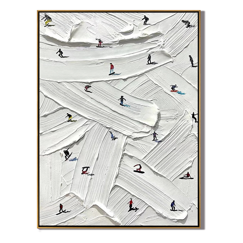 Winter Crossing – Hand-Painted Minimalist Skiing Athletes 3D Plaster Effect Sport Painting | Contemporary Sport Home Office & Living Room Art