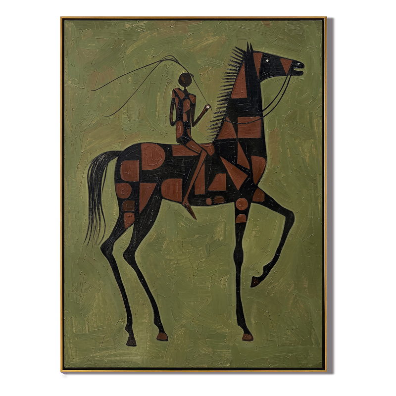 Cubist Charge – Vintage Americana Geometric Horse & Rider Painting | Folk Art Living Room Art