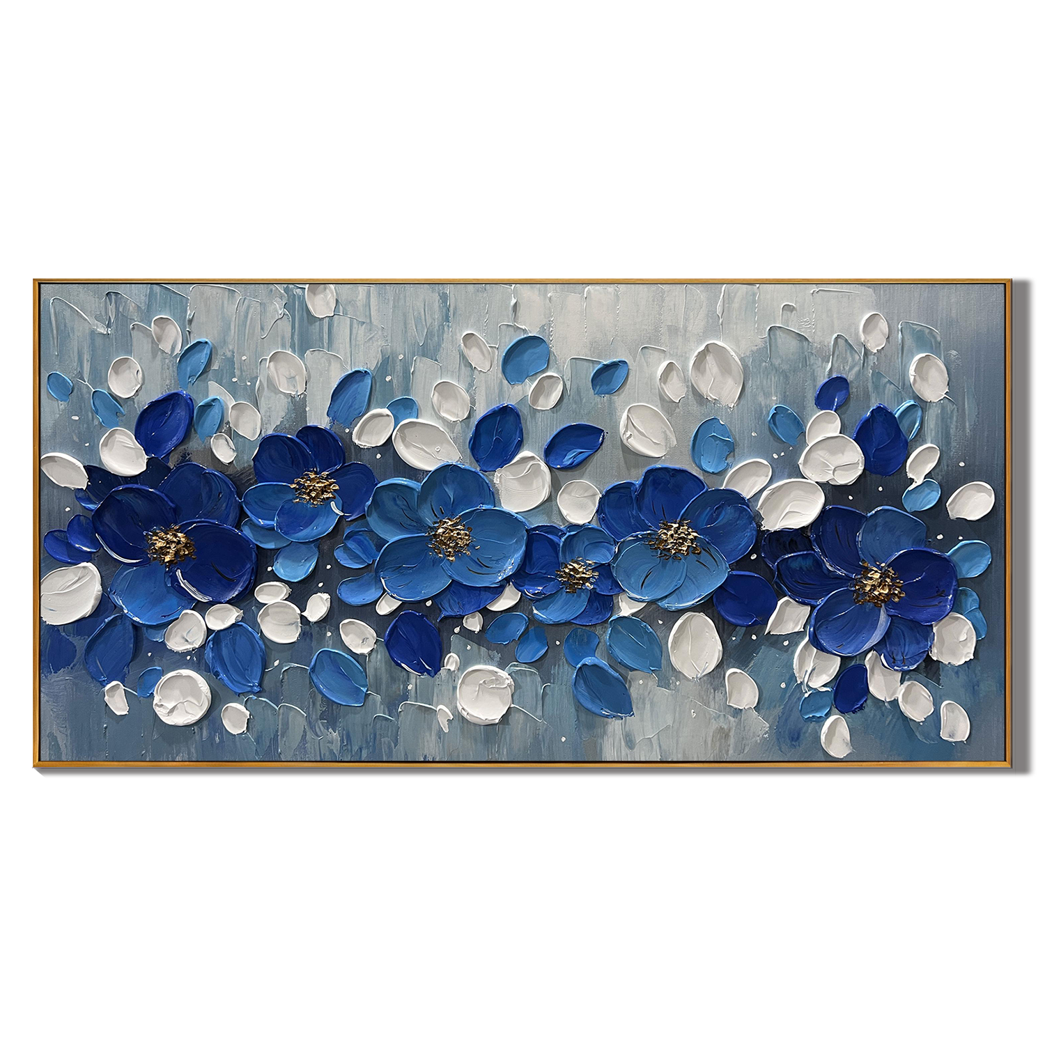 ROYAL PETALS: Flower-Tree Art, Hand-Painted Horizontal Royal Blue and White 3D Textured Palette Knife Heavy Texture Canvas Painting