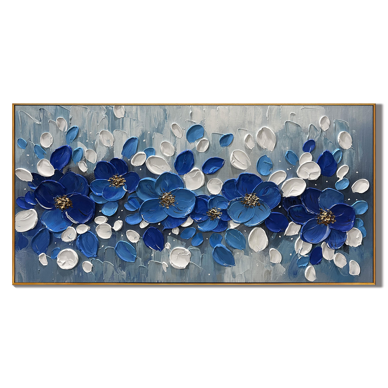 Royal Petals – Hand-Painted Royal Blue and White 3D Textured Palette Knife Floral Painting | Contemporary Botanical Bedroom & Living Room Art
