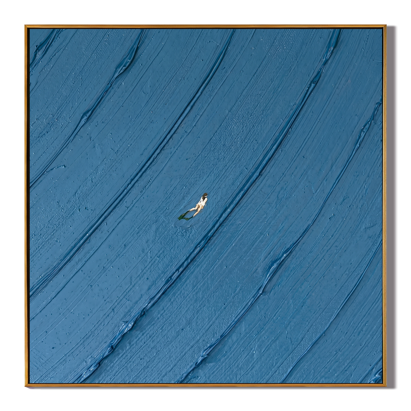 DEEP SEA ECHO – Minimalist Abstract Painting of Deep Ocean Blue | Modern Nordic-style Bedroom Art