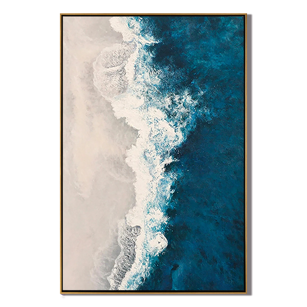 Ocean Surge – Hand-Painted Deep Navy Blue Sea Foam Aerial View Nature Painting | Coastal Modern Living Room & Bedroom Art