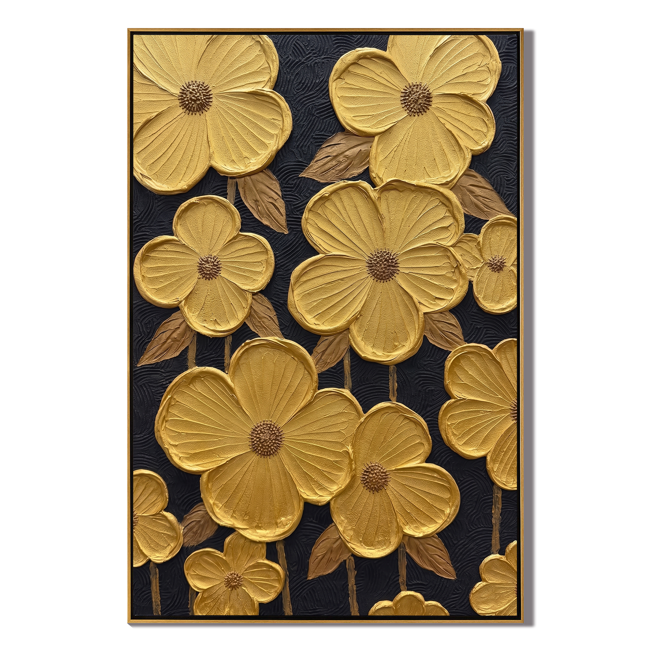Gilded Age – Modern Luxury 3D Sculpted Gold Flowers | Black & Gold Contrast Entryway Wall Art