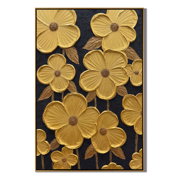 Gilded Age – Modern Luxury 3D Sculpted Gold Flowers | Black & Gold Contrast Entryway Wall Art