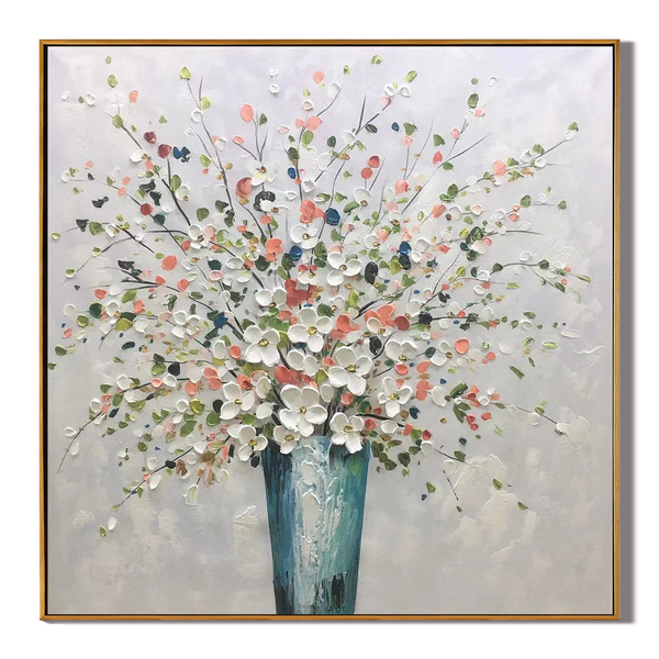 Floral Harvest – Hand-Painted Wildflower Vase Impressionist Palette Knife Textured Oil Floral Painting | Contemporary Botanical Bedroom & Living Room Art