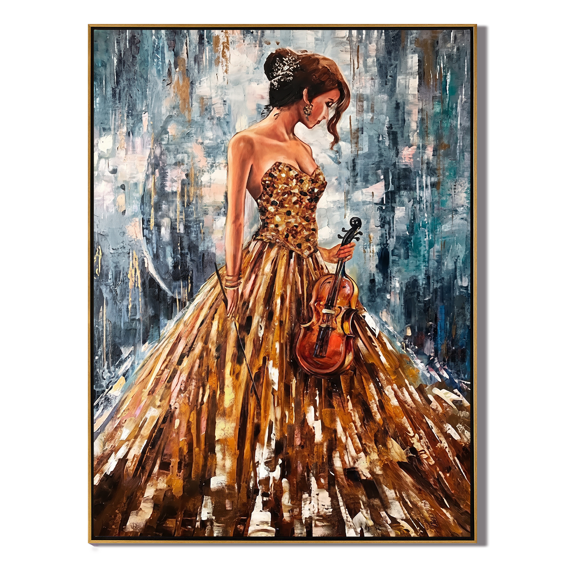 The Golden Prelude – Modern Impressionist Violinist Painting | Elegant Woman in Gold Gown Hallway Art