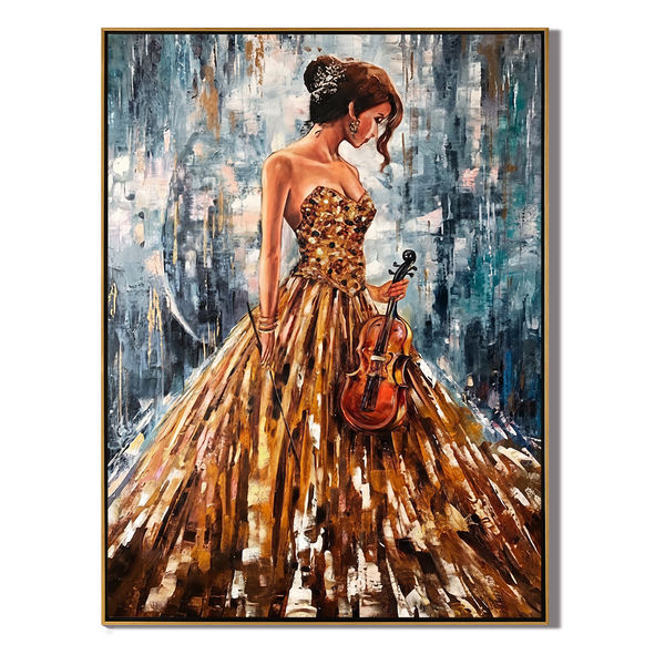 The Golden Prelude – Modern Impressionist Violinist Painting | Elegant Woman in Gold Gown Hallway Art