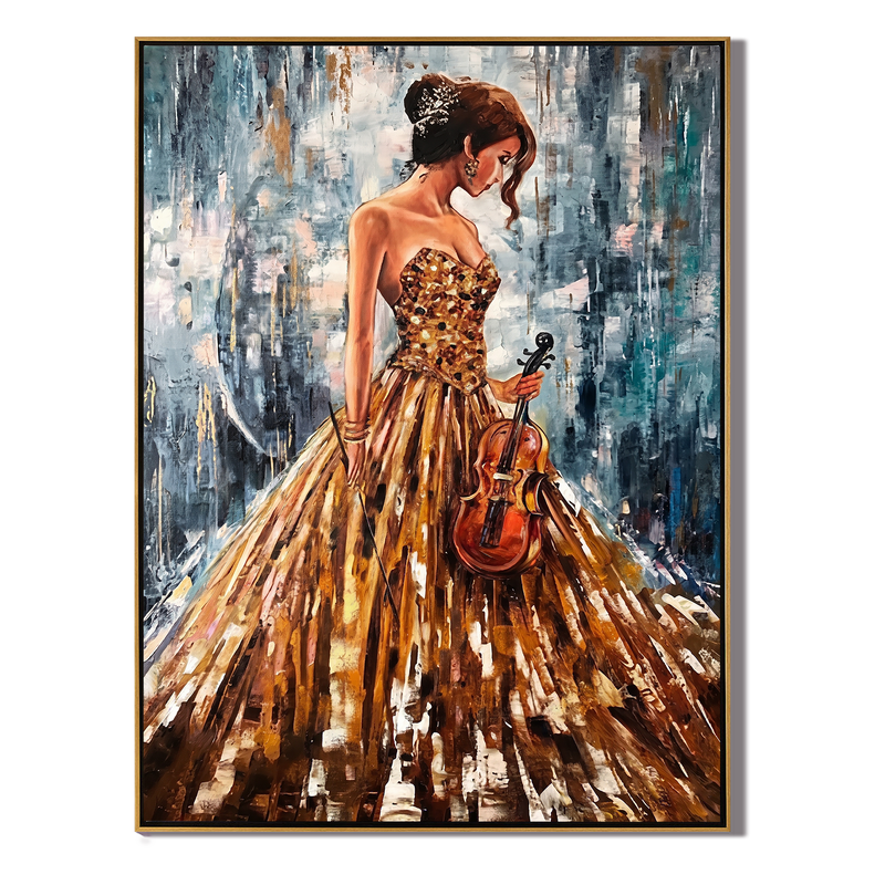 The Golden Prelude – Modern Impressionist Violinist Painting | Elegant Woman in Gold Gown Hallway Art