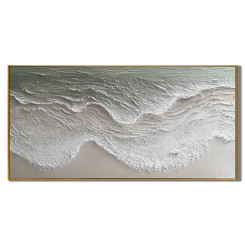 Serene Coastline – Modern Minimalist Ocean Wave Textured Art | Panoramic Coastal Living Room Art