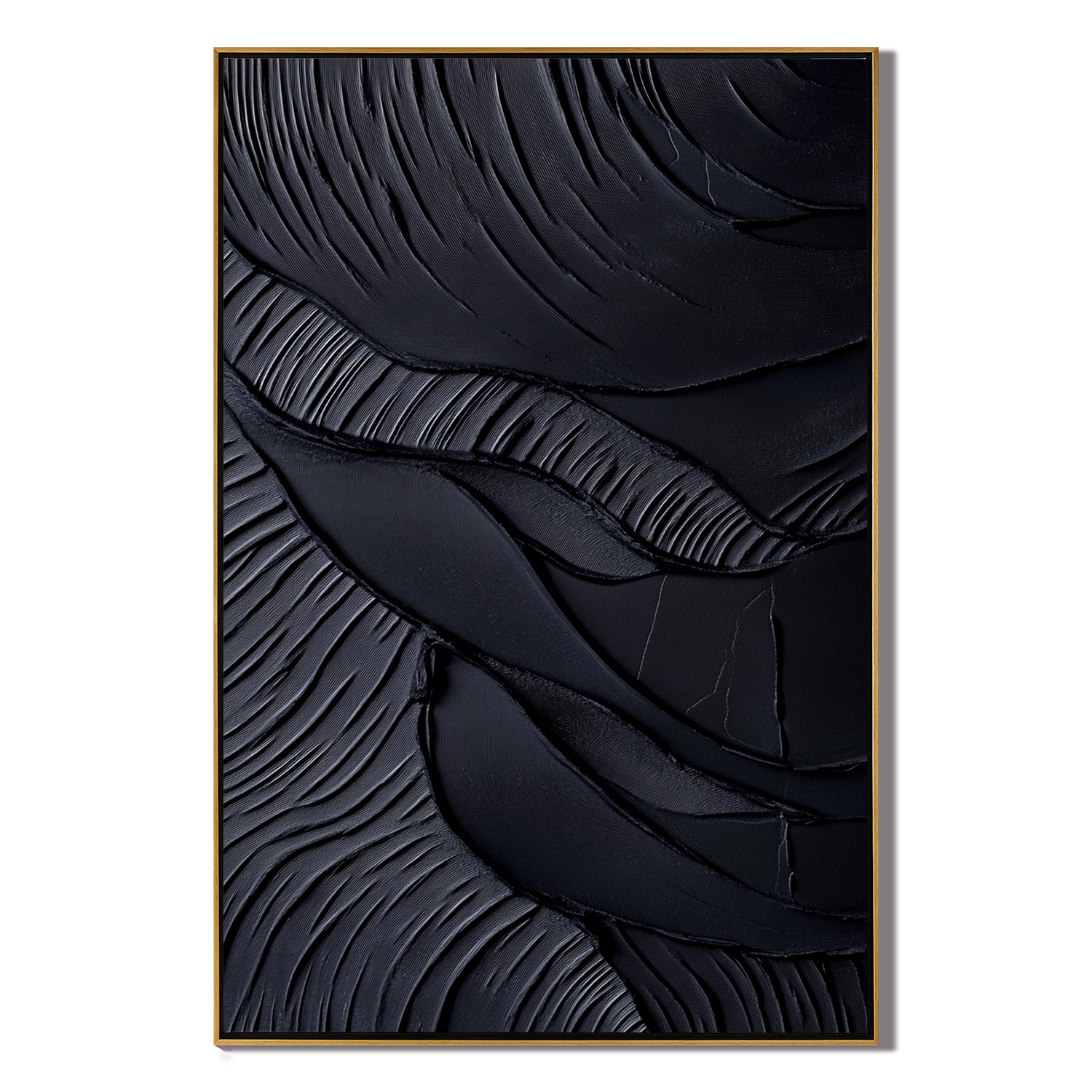 OBSIDIAN WAVES: Wabi-Sabi Wall Art, Hand-Painted Pure Black Plaster Effect 3D Relief Textured Studio Art
