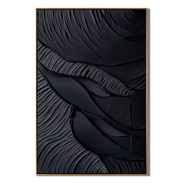 Obsidian Waves – Hand-Painted Pure Black Plaster Effect 3D Relief Wabi-Sabi Painting | Modern Noir Wabi-Sabi Living Room & Home Office Art