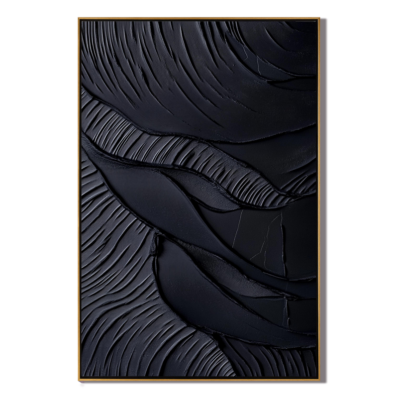 Obsidian Waves – Hand-Painted Pure Black Plaster Effect 3D Relief Wabi-Sabi Painting | Modern Noir Wabi-Sabi Living Room & Home Office Art