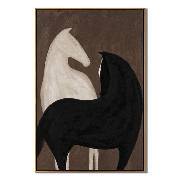 The Conversation – Vintage Americana Abstract Black & White Horse Painting | Wabi-Sabi Living Room Art