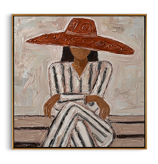 The Red Brim – Vintage Americana Woman in Striped Dress Painting | Colorful Modern Living Room Art