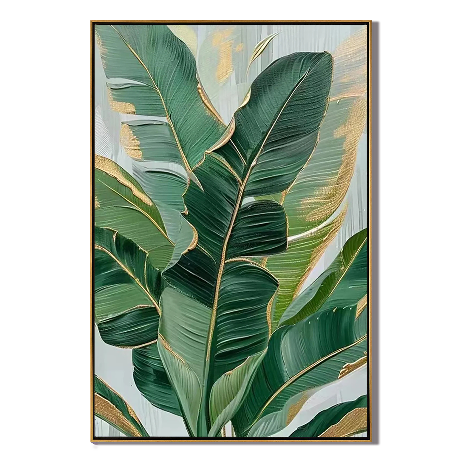 EMERALD WHISPER: 3D Textured Banana Leaf Wall Art, Center Focus Botanical Relief with Gold Edges