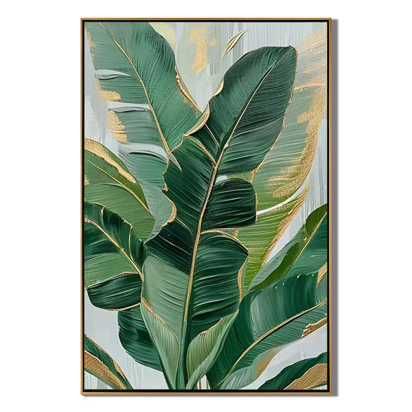 Emerald Whispers – Center Focus Botanical Relief with Gold Edges Texture Painting | Modern Luxury Botanical Living Room Wall Decor
