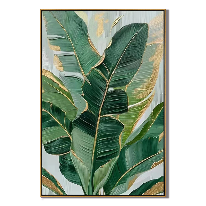 Emerald Whispers – Center Focus Botanical Relief with Gold Edges Texture Painting | Modern Luxury Botanical Living Room Wall Decor