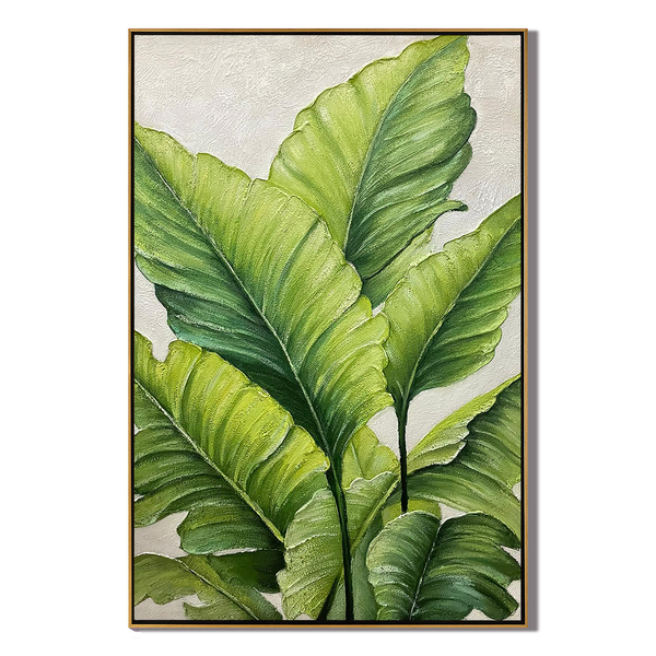 Emerald Breeze – Hand-Painted Emerald Green Tropical Leaf 3D Floral Painting | Tropical Botanical Bedroom & Dining Room Art