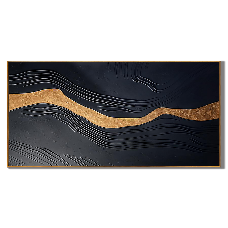Golden Vein – Hand-Painted Dark Grey and Gold Foil Modern Luxury Abstract Painting | Modern Abstract Living Room & Office Art