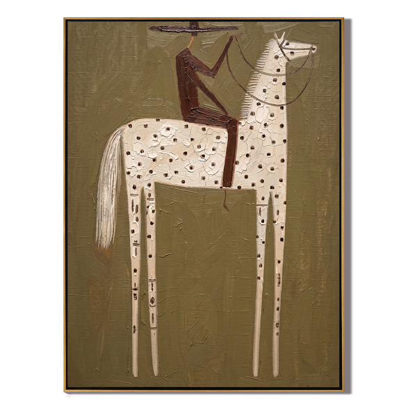 The Big Dapple – Vintage Americana Rider on Large Dappled White Horse Painting | Boho Living Room Art