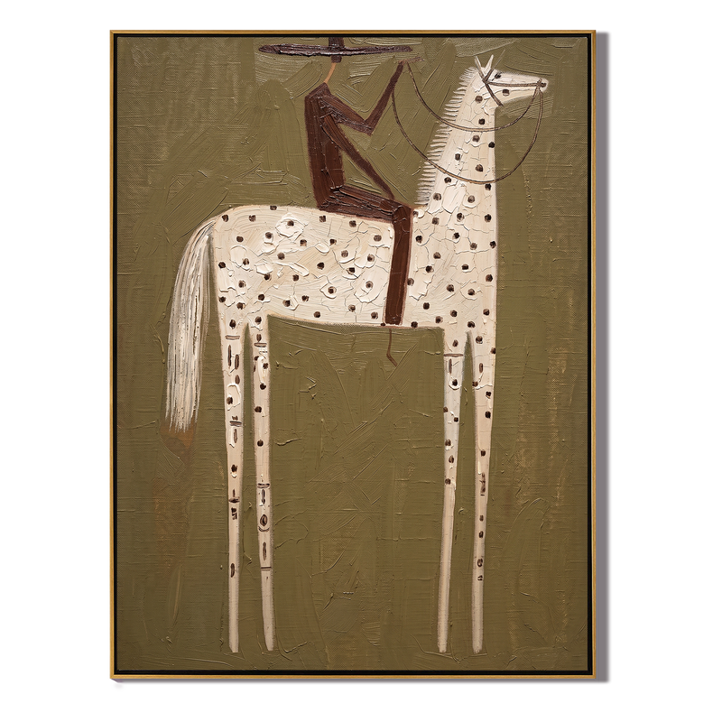 The Big Dapple – Vintage Americana Rider on Large Dappled White Horse Painting | Boho Living Room Art