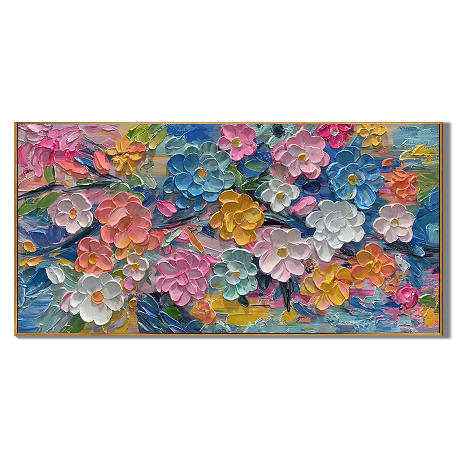PRISMATIC BLOOM: Flower-Tree Art, Hand-Painted Horizontal Vibrant Multicolored 3D Impasto Palette Knife Heavy Texture Studio Art