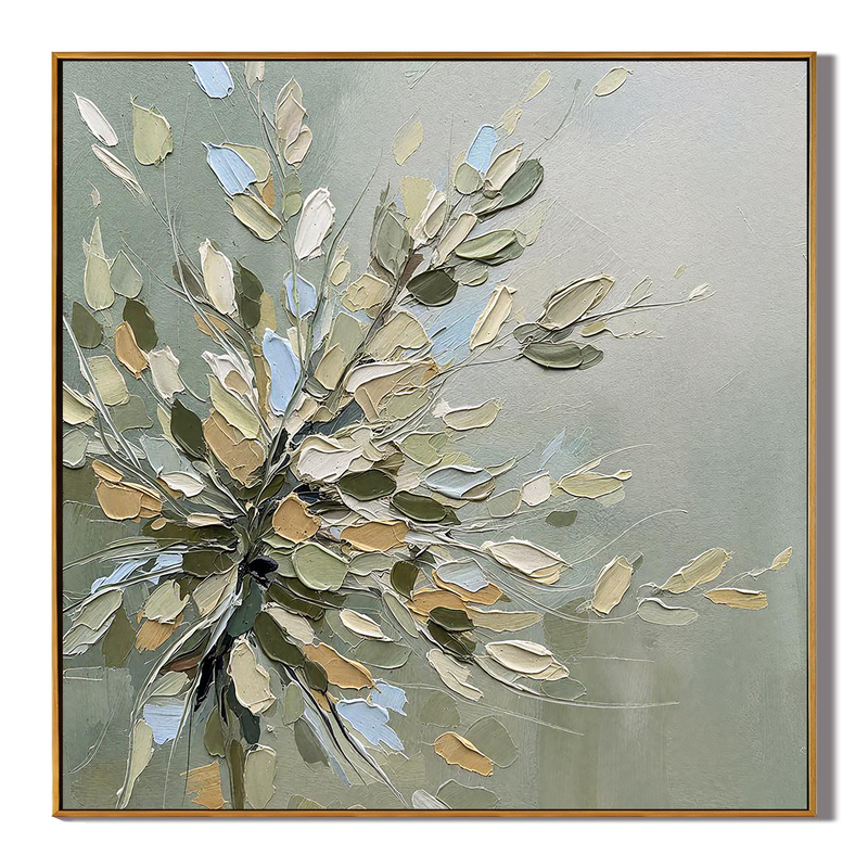 Sage Petals – Hand-Painted Sage Green 3D Impasto Blossom Floral Painting | Tropical Botanical Bedroom & Dining Room Art