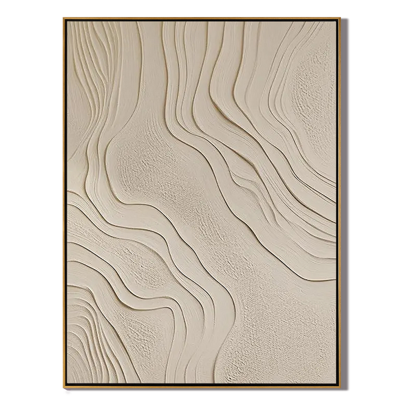 Zen Ripple – Hand-Painted Minimalist Beige Organic Wave Line 3D Plaster Effect Relief Wabi-Sabi Painting | Japandi Organic Wabi-Sabi Living Room & Hallway Art
