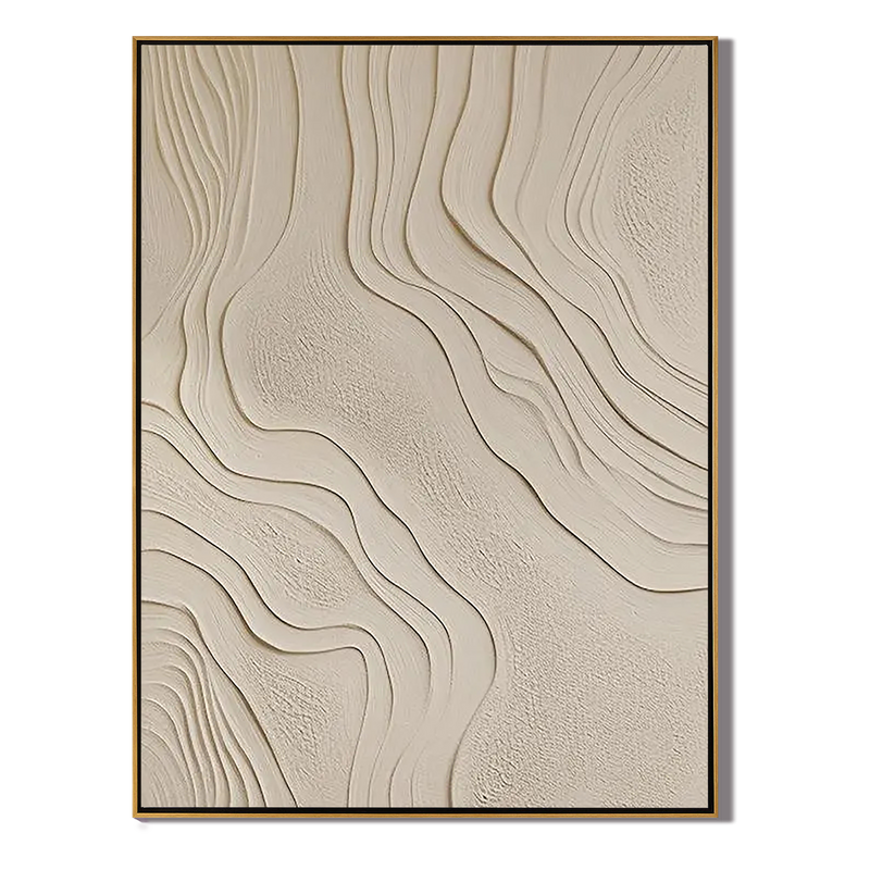 Zen Ripple – Hand-Painted Minimalist Beige Organic Wave Line 3D Plaster Effect Relief Wabi-Sabi Painting | Japandi Organic Wabi-Sabi Living Room & Hallway Art